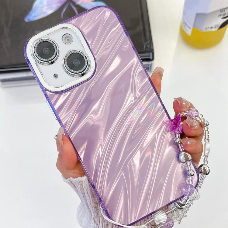 

For iPhone 15 Plating Glitter Texture Chain Wristband TPU Phone Case with Lens Film(Purple Water Ripples)