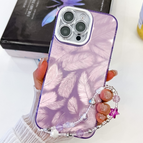 

For iPhone 15 Plating Glitter Texture Chain Wristband TPU Phone Case with Lens Film(Purple Feathers)