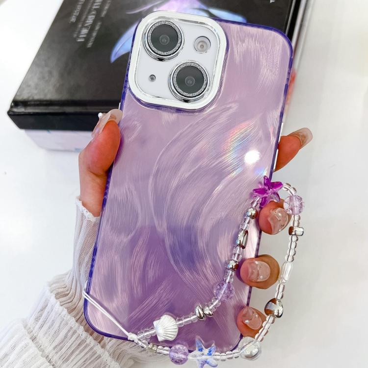 

For iPhone 15 Plating Glitter Texture Chain Wristband TPU Phone Case with Lens Film(Purple Feather Yarn)