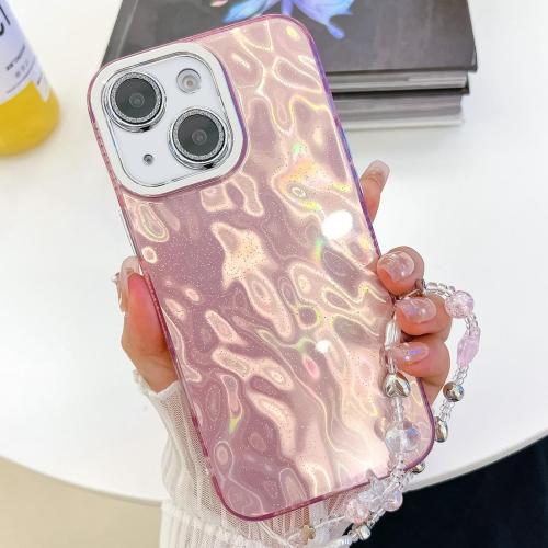 

For iPhone 15 Plating Glitter Texture Chain Wristband TPU Phone Case with Lens Film(Pink Wrinkles)