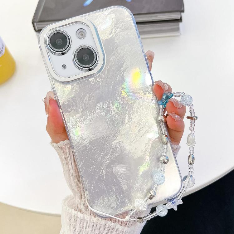 

For iPhone 15 Plating Glitter Texture Chain Wristband TPU Phone Case with Lens Film(White Tinfoil Texture)