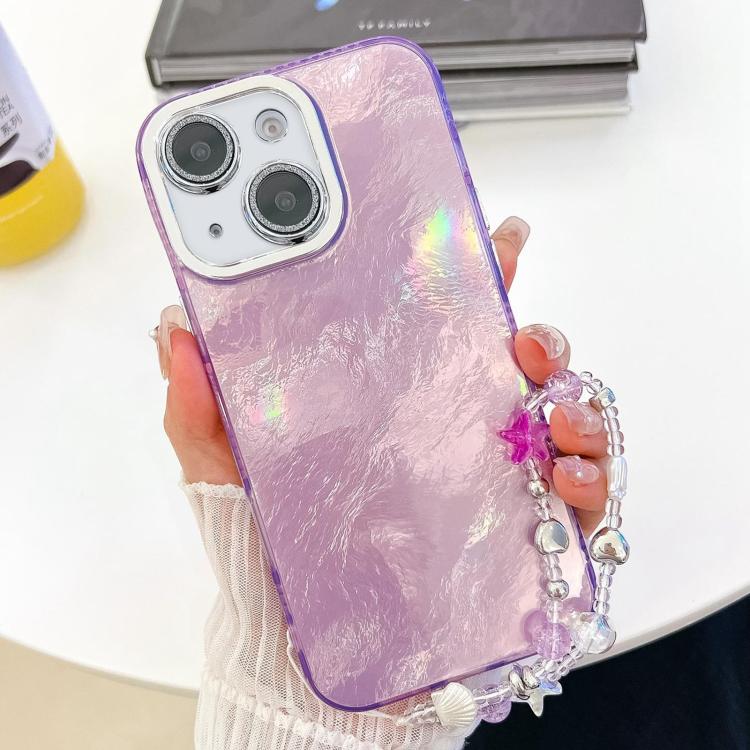 

For iPhone 15 Plating Glitter Texture Chain Wristband TPU Phone Case with Lens Film(Purple Tinfoil Texture)