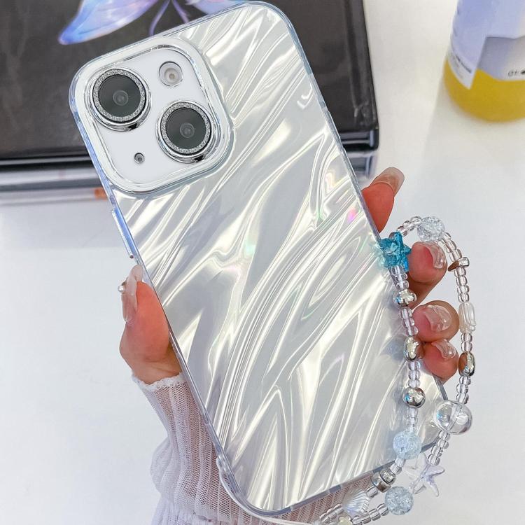 

For iPhone 14 Plating Glitter Texture Chain Wristband TPU Phone Case with Lens Film(White Water Ripples)