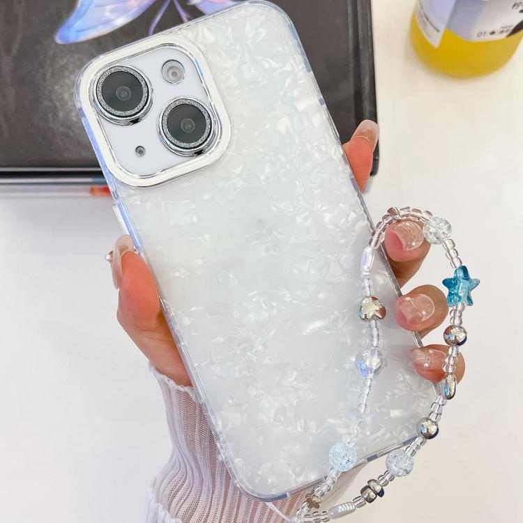 

For iPhone 14 Plating Glitter Texture Chain Wristband TPU Phone Case with Lens Film(White Shell Pattern)
