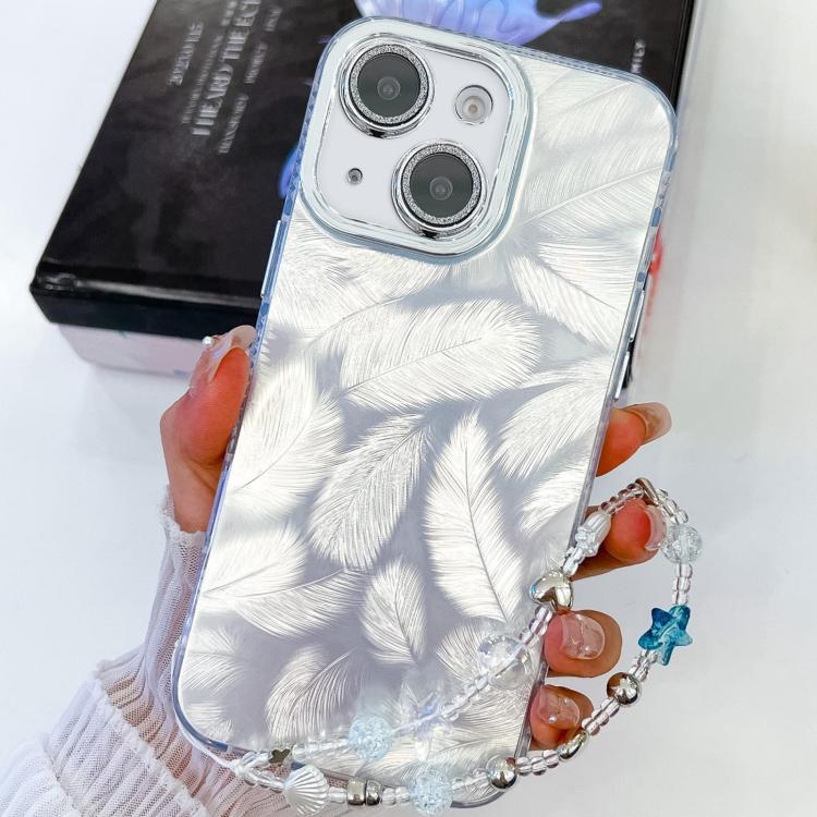 

For iPhone 14 Plating Glitter Texture Chain Wristband TPU Phone Case with Lens Film(White Feathers)