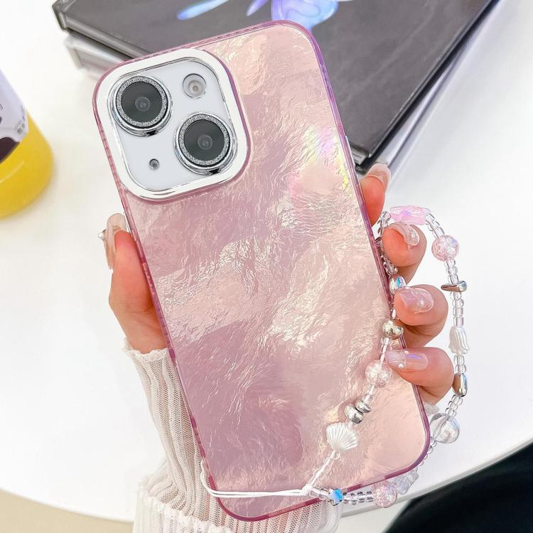

For iPhone 14 Plating Glitter Texture Chain Wristband TPU Phone Case with Lens Film(Pink Tinfoil Texture)