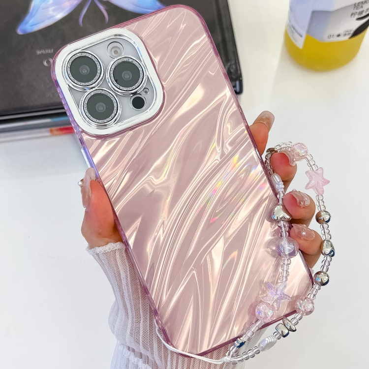 

For iPhone 14 Pro Plating Glitter Texture Chain Wristband TPU Phone Case with Lens Film(Pink Water Ripples)