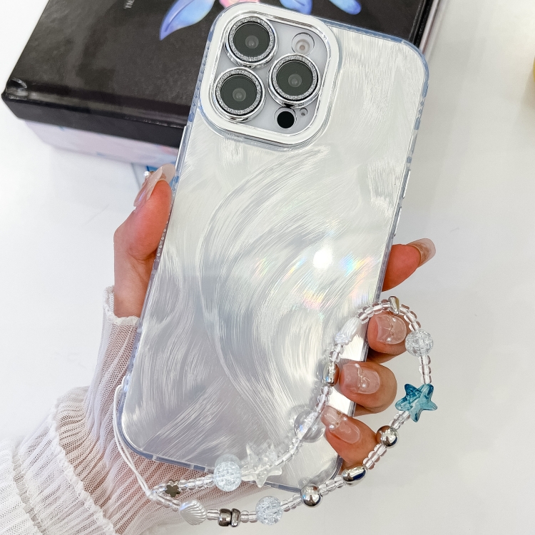 

For iPhone 14 Pro Plating Glitter Texture Chain Wristband TPU Phone Case with Lens Film(White Feather Yarn)