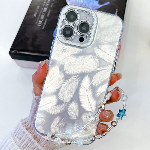 

For iPhone 14 Pro Max Plating Glitter Texture Chain Wristband TPU Phone Case with Lens Film(White Feathers)