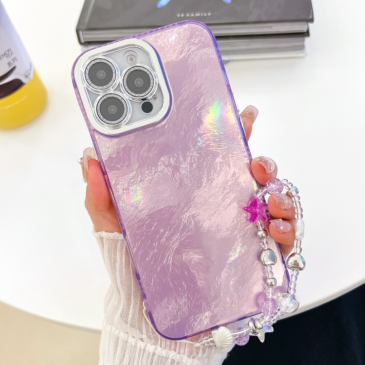 

For iPhone 14 Pro Max Plating Glitter Texture Chain Wristband TPU Phone Case with Lens Film(Purple Tinfoil Texture)