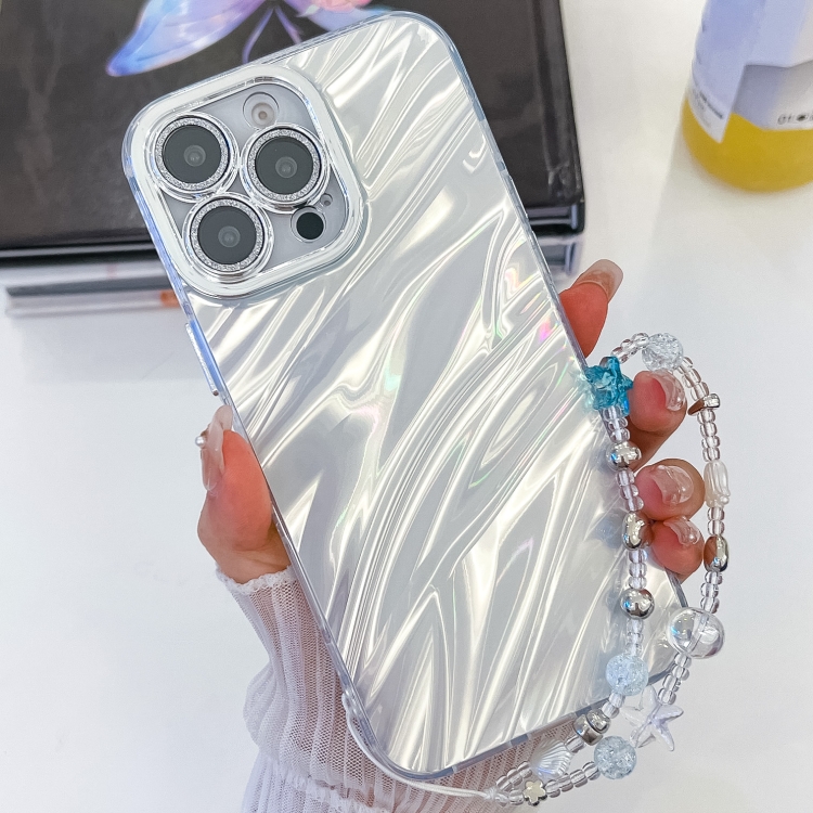 

For iPhone 13 Pro Max Plating Glitter Texture Chain Wristband TPU Phone Case with Lens Film(White Water Ripples)