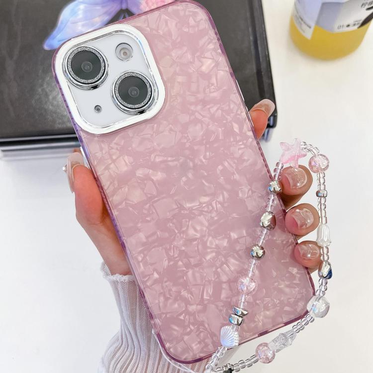 

For iPhone 13 Plating Glitter Texture Chain Wristband TPU Phone Case with Lens Film(Pink Shell Pattern)