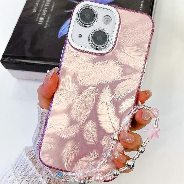 

For iPhone 13 Plating Glitter Texture Chain Wristband TPU Phone Case with Lens Film(Pink Feathers)