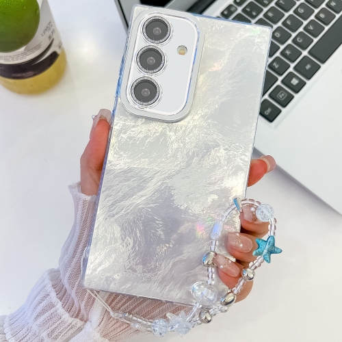 

For Samsung Galaxy S24 FE 5G Plating Glitter Texture Chain Wristband TPU Phone Case with Lens Film(White Tinfoil Texture)