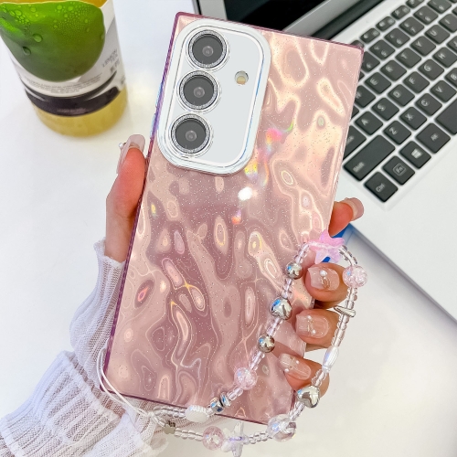 

For Samsung Galaxy A15 5G Plating Glitter Texture Chain Wristband TPU Phone Case with Lens Film(Pink Wrinkles)