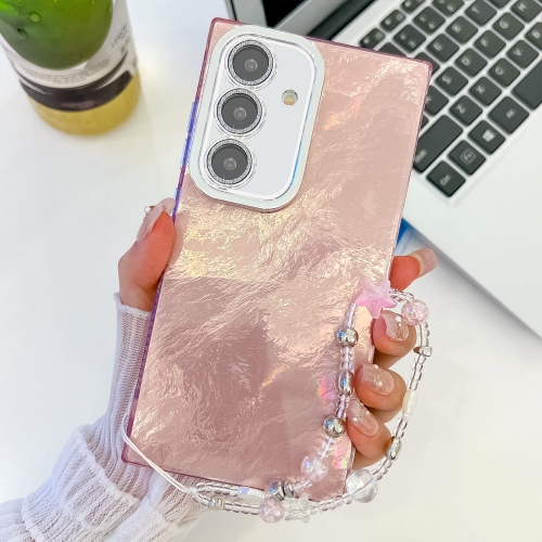 

For Samsung Galaxy S24 5G Plating Glitter Texture Chain Wristband TPU Phone Case with Lens Film(Pink Tinfoil Texture)