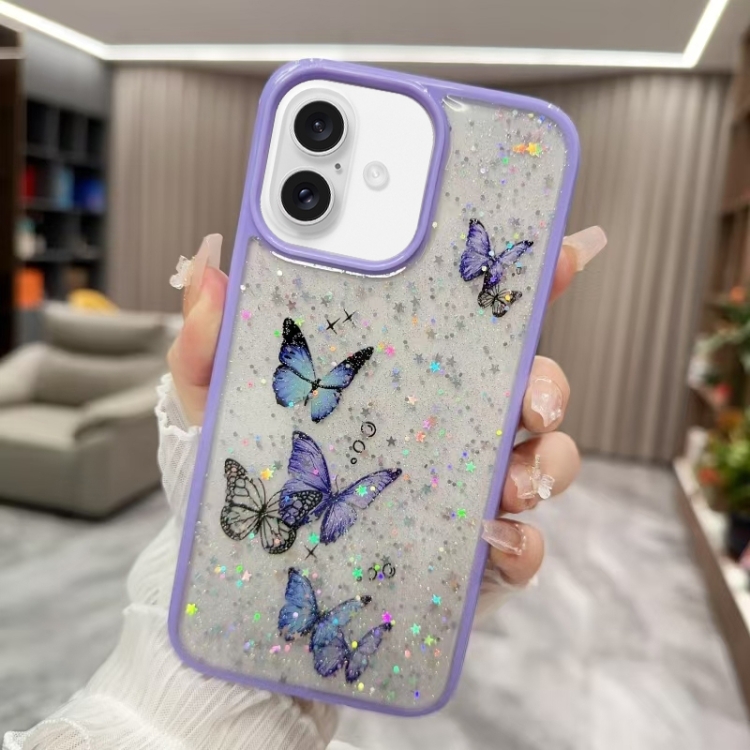 

For iPhone 16 Plus Color Butterfly Glitter Epoxy TPU Phone Case(Purple)