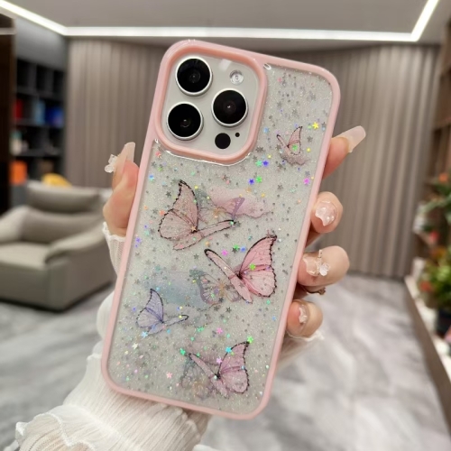 

For iPhone 16 Pro Color Butterfly Glitter Epoxy TPU Phone Case(Pink)