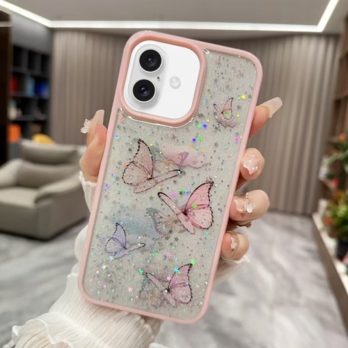 

For iPhone 16 Color Butterfly Glitter Epoxy TPU Phone Case(Pink)