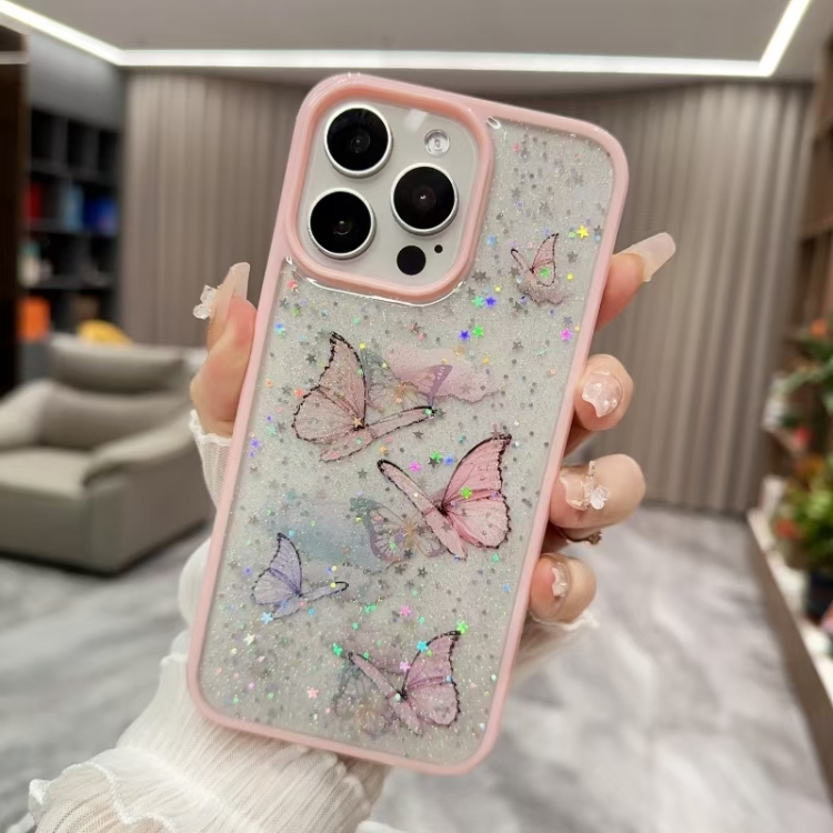 

For iPhone 15 Pro Max Color Butterfly Glitter Epoxy TPU Phone Case(Pink)