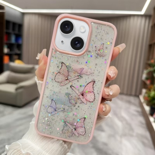 

For iPhone 15 Plus Color Butterfly Glitter Epoxy TPU Phone Case(Pink)