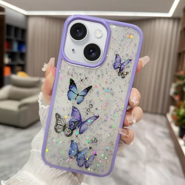

For iPhone 15 Color Butterfly Glitter Epoxy TPU Phone Case(Purple)