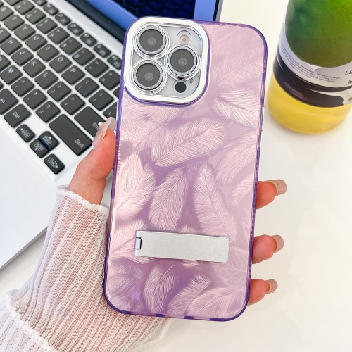 

For iPhone 16 Pro Plating Glitter Texture Fold Holder TPU Phone Case with Lens Film(Purple Feathers)