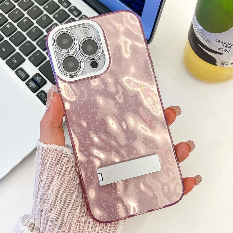 

For iPhone 16 Pro Plating Glitter Texture Fold Holder TPU Phone Case with Lens Film(Pink Wrinkles)