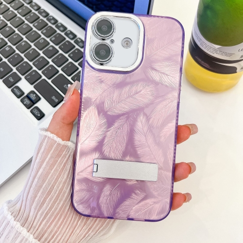 

For iPhone 16 Plus Plating Glitter Texture Fold Holder TPU Phone Case with Lens Film(Purple Feathers)