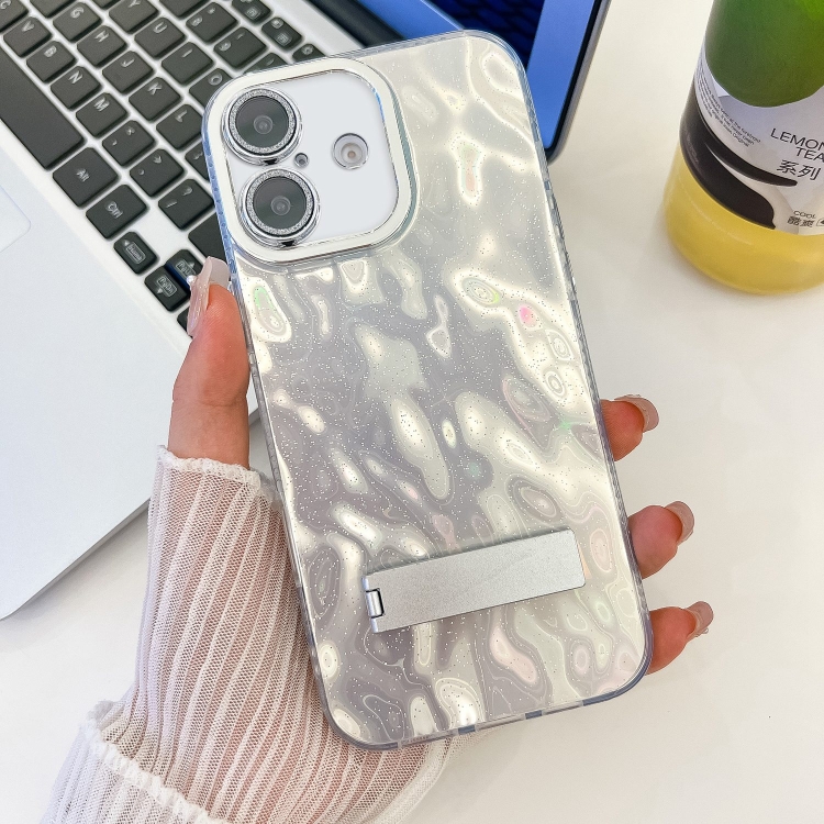 

For iPhone 16 Plus Plating Glitter Texture Fold Holder TPU Phone Case with Lens Film(White Wrinkles)