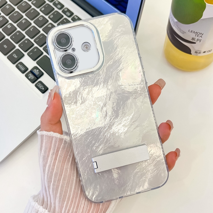 

For iPhone 16 Plus Plating Glitter Texture Fold Holder TPU Phone Case with Lens Film(White Tinfoil Texture)
