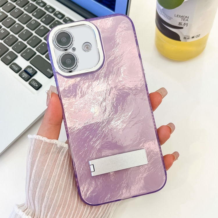 

For iPhone 16 Plus Plating Glitter Texture Fold Holder TPU Phone Case with Lens Film(Purple Tinfoil Texture)