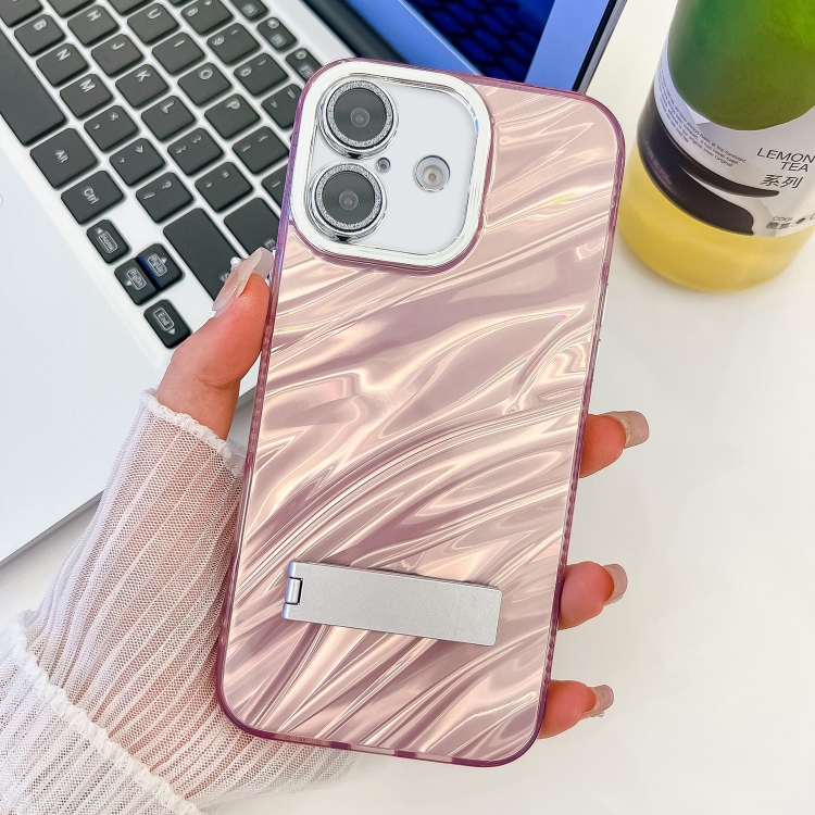 

For iPhone 16 Plating Glitter Texture Fold Holder TPU Phone Case with Lens Film(Pink Water Ripples)