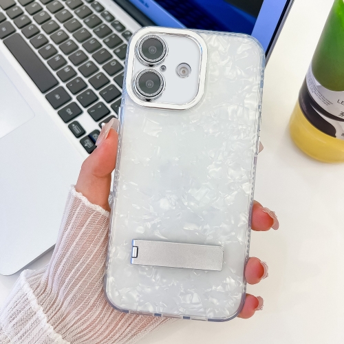 

For iPhone 16 Plating Glitter Texture Fold Holder TPU Phone Case with Lens Film(White Shell Pattern)