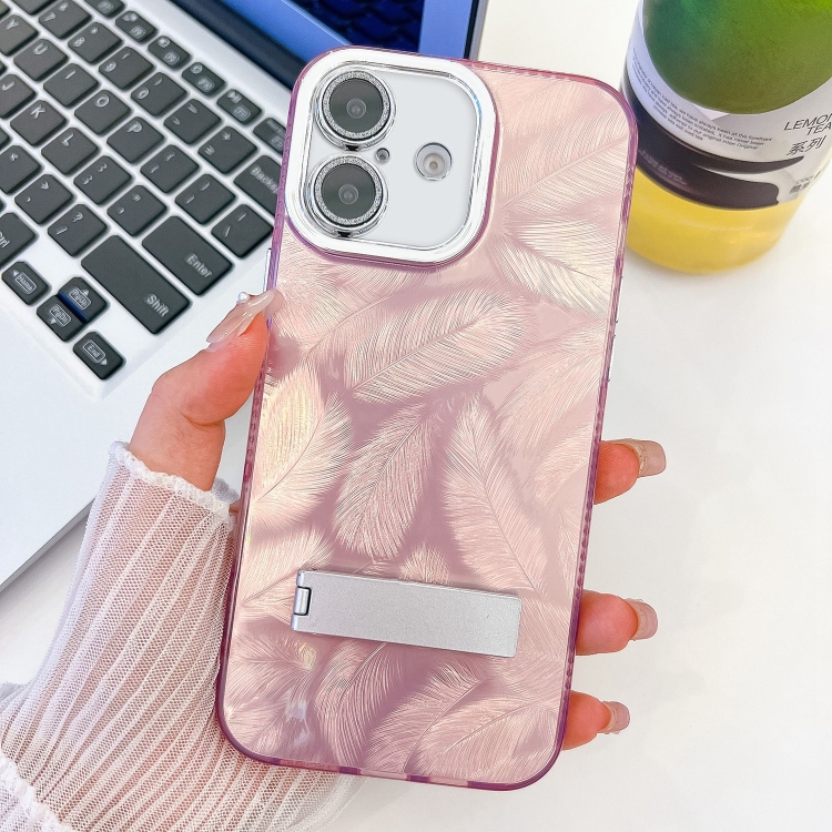 

For iPhone 16 Plating Glitter Texture Fold Holder TPU Phone Case with Lens Film(Pink Feathers)