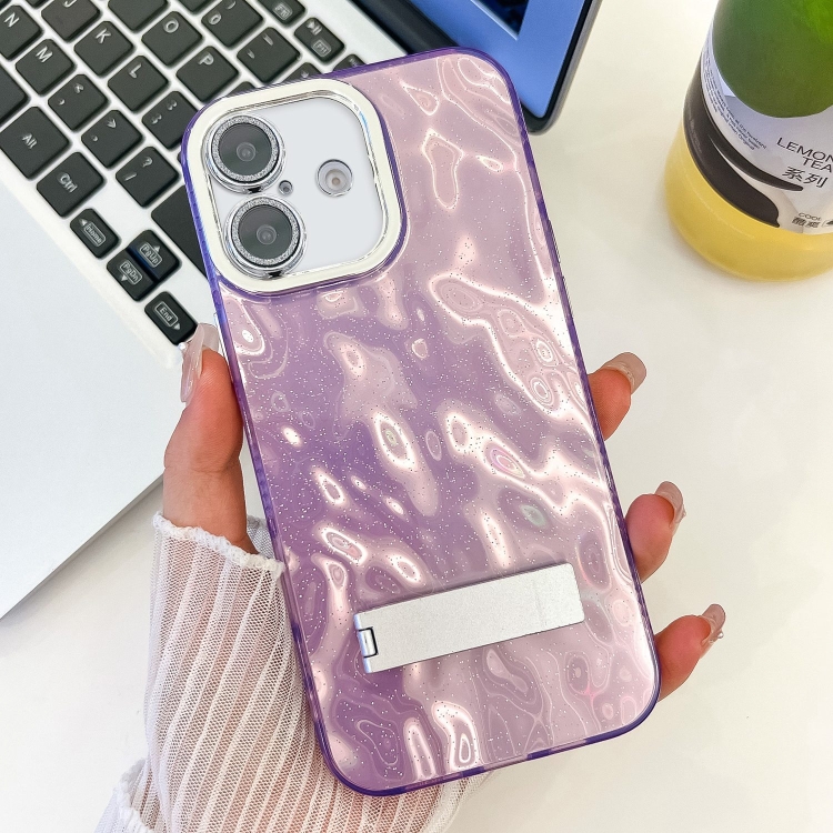 

For iPhone 16 Plating Glitter Texture Fold Holder TPU Phone Case with Lens Film(Purple Wrinkles)