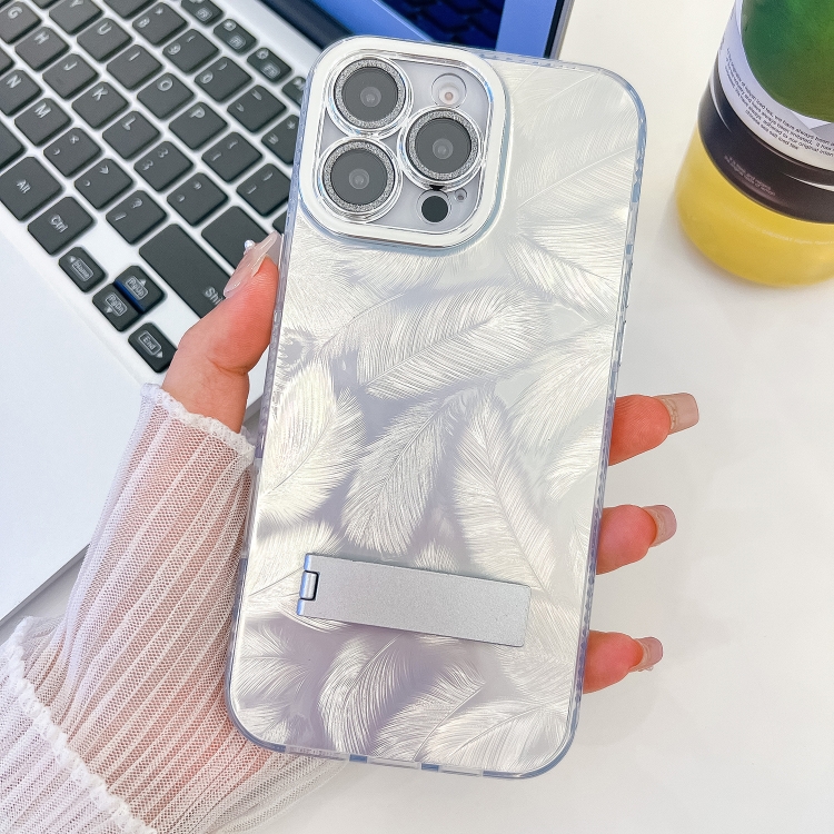 

For iPhone 15 Pro Max Plating Glitter Texture Fold Holder TPU Phone Case with Lens Film(White Feathers)
