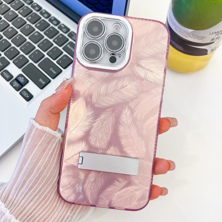 

For iPhone 15 Pro Max Plating Glitter Texture Fold Holder TPU Phone Case with Lens Film(Pink Feathers)
