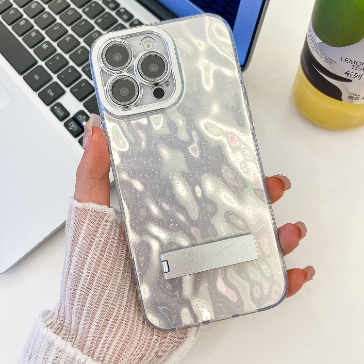 

For iPhone 15 Pro Max Plating Glitter Texture Fold Holder TPU Phone Case with Lens Film(White Wrinkles)