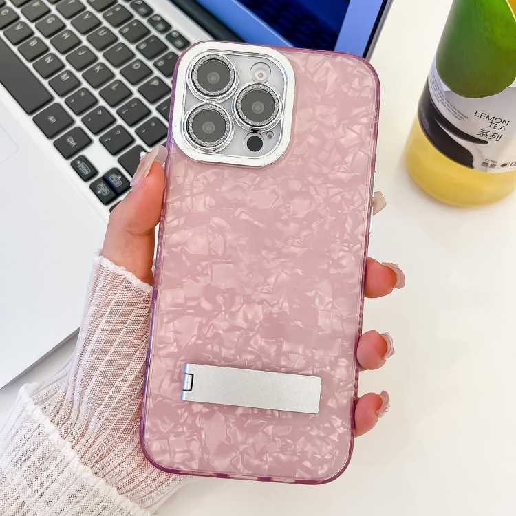 

For iPhone 15 Pro Plating Glitter Texture Fold Holder TPU Phone Case with Lens Film(Pink Shell Pattern)