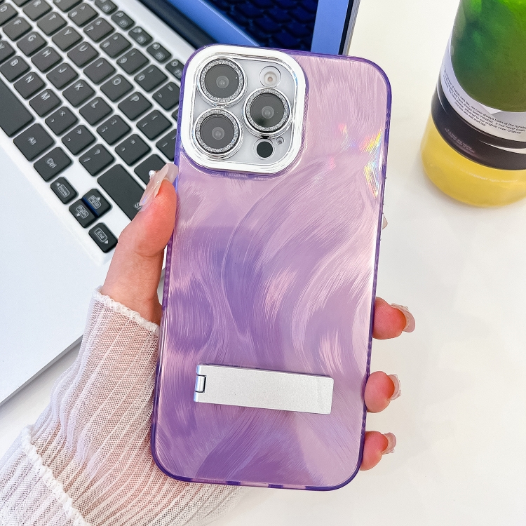 

For iPhone 15 Pro Plating Glitter Texture Fold Holder TPU Phone Case with Lens Film(Purple Feather Yarn)