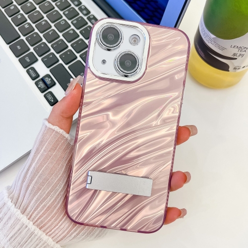 

For iPhone 15 Plating Glitter Texture Fold Holder TPU Phone Case with Lens Film(Pink Water Ripples)