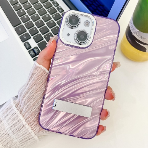 

For iPhone 15 Plating Glitter Texture Fold Holder TPU Phone Case with Lens Film(Purple Water Ripples)