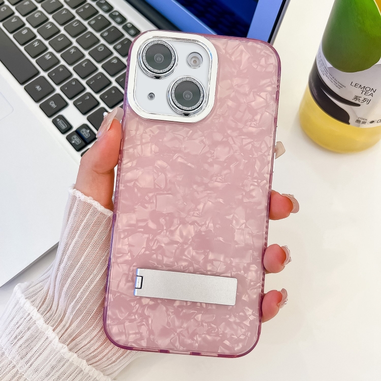 

For iPhone 15 Plating Glitter Texture Fold Holder TPU Phone Case with Lens Film(Pink Shell Pattern)