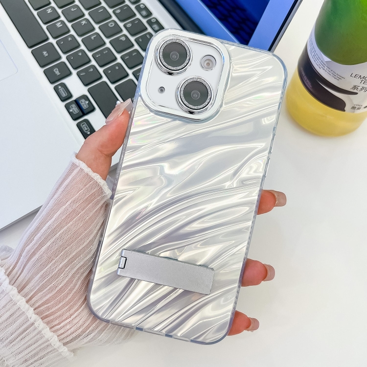 

For iPhone 14 Plating Glitter Texture Fold Holder TPU Phone Case with Lens Film(White Water Ripples)
