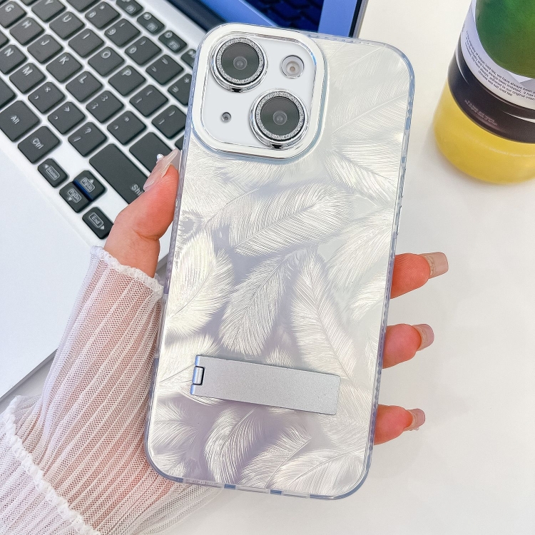 

For iPhone 14 Plating Glitter Texture Fold Holder TPU Phone Case with Lens Film(White Feathers)