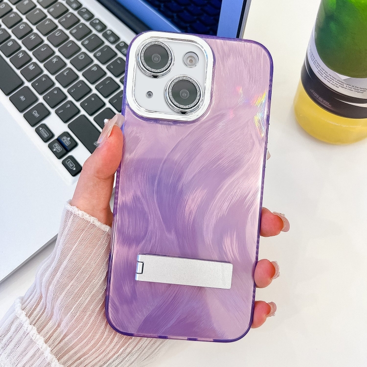 

For iPhone 14 Plating Glitter Texture Fold Holder TPU Phone Case with Lens Film(Purple Feather Yarn)