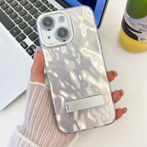 

For iPhone 14 Plating Glitter Texture Fold Holder TPU Phone Case with Lens Film(White Wrinkles)