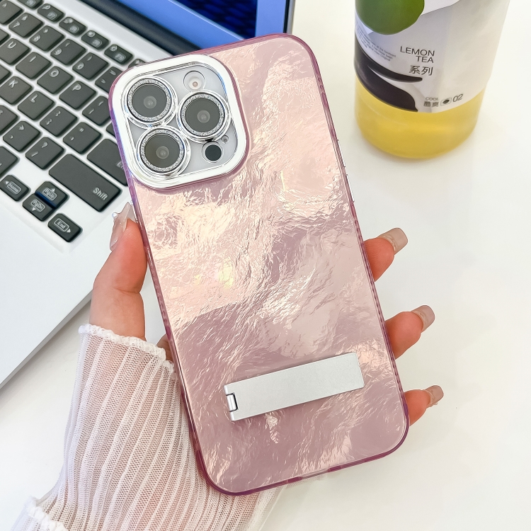 

For iPhone 14 Pro Plating Glitter Texture Fold Holder TPU Phone Case with Lens Film(Pink Tinfoil Texture)