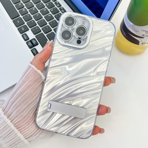 

For iPhone 14 Pro Max Plating Glitter Texture Fold Holder TPU Phone Case with Lens Film(White Water Ripples)